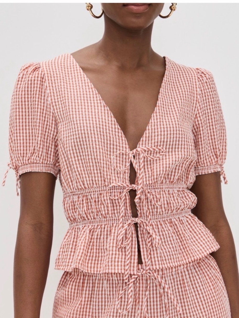 Wayf Peach Gingham Tie-Front Peplum Top